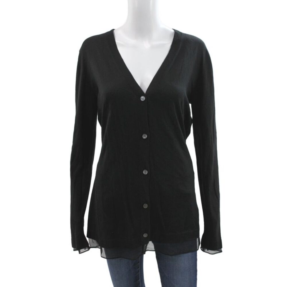 Neiman Marcus Women Black Silk Blend V Neck Cardigan Long Sleeve Size L